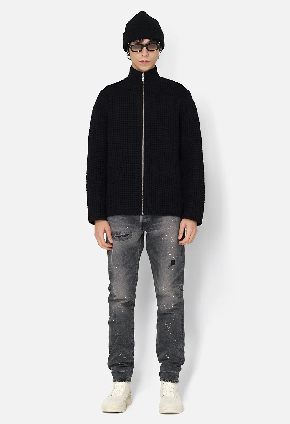 Wool Waffle Knit Full-Zip / Black - Image 3