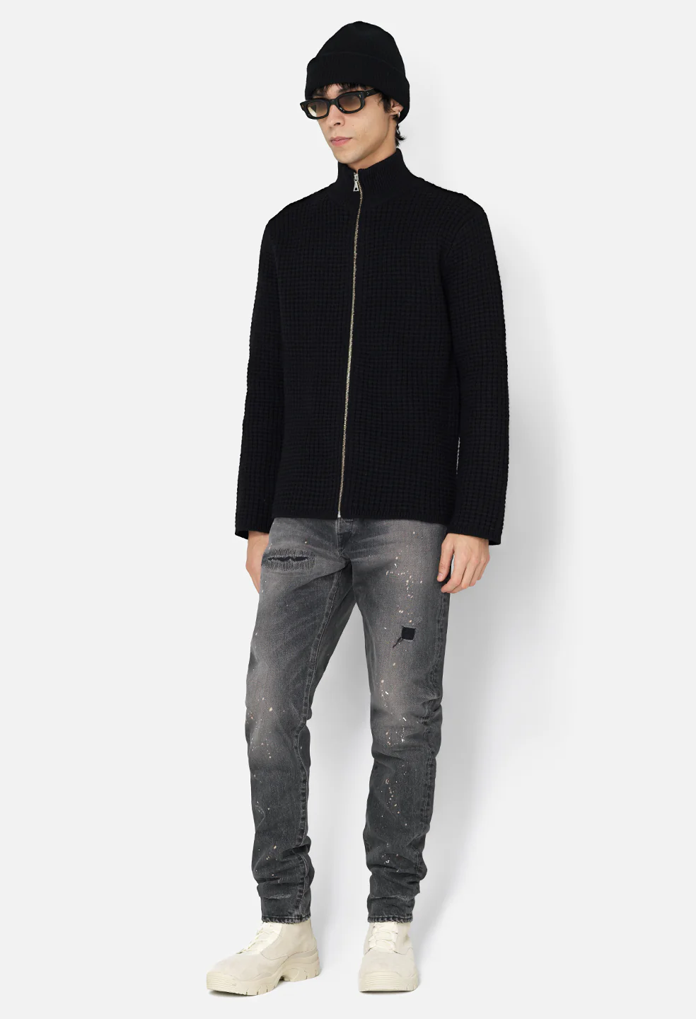 Wool Waffle Knit Full-Zip / Black - Image 4
