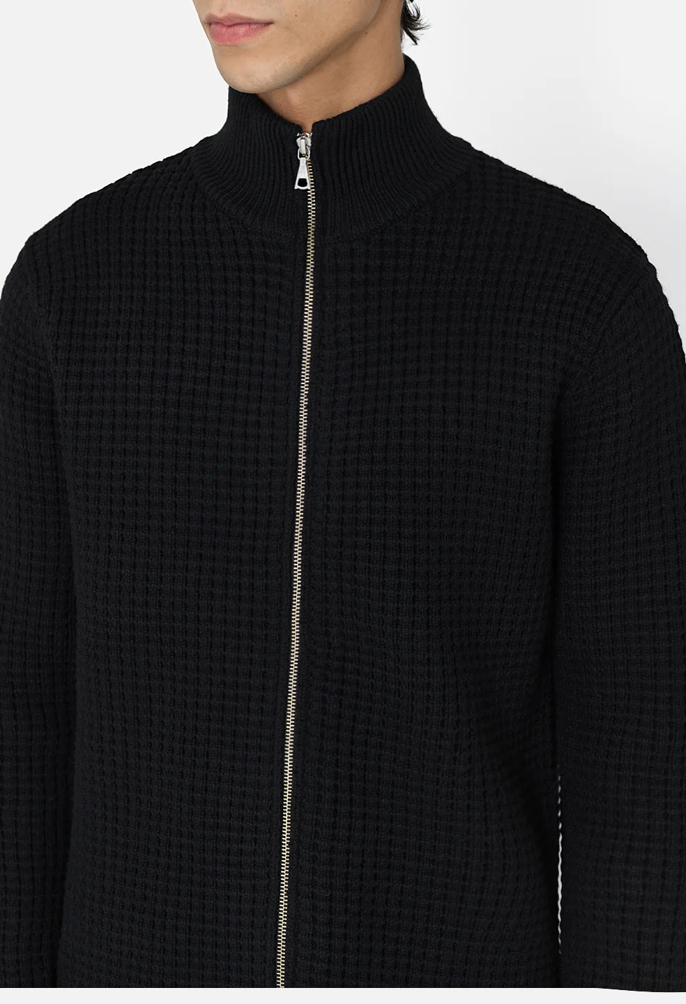 Wool Waffle Knit Full-Zip / Black - Image 6